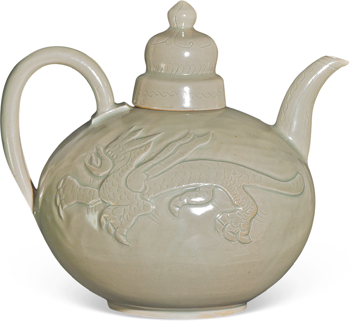 A Finely-Carved Yue-Type Mise Celadon Ewer With Lid · Tang Dynasty (618-907)